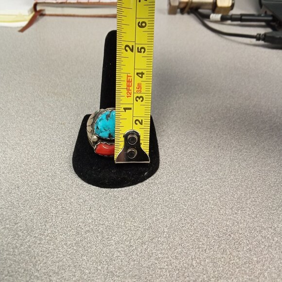 Native American Handcrafted Turquoise & Red Coral Handmade Ring Size 13.5 - Picture 4 of 7